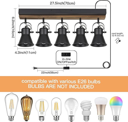 KEESFU 5-Light Plug in Track Lighting Kit,Black Semi Flush Mount Ceiling Light with 5 Rotatable Light Heads,Modern Farmhouse Lighting for Livingroom,Bedroom,Hallway,Art Wall,Bathroom,Kitchen.