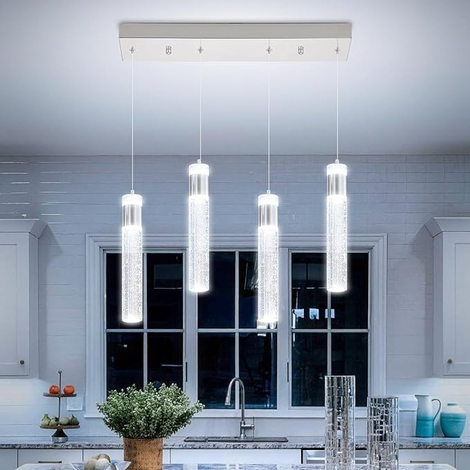 Dimmable Chrome 4-Light Pendant Lights Kitchen Island Modern LED Crystal Ceiling Light for Dinning Room Living Room 32W