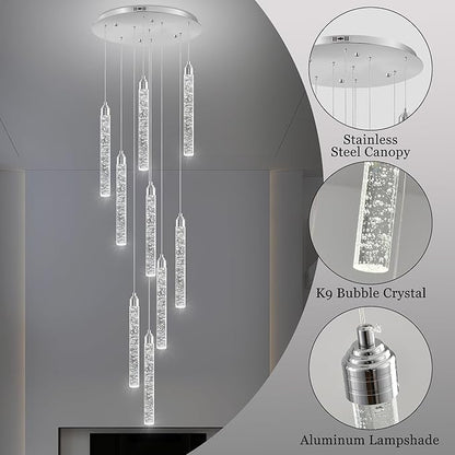 Crystal Staircase Chandelier, Modern Chrome Spiral Dimmable LED Cluster Raindrop Foyer Chandelier Lighting, Bubble Living Room Hanging Light Fixture 9 Light Remote Control