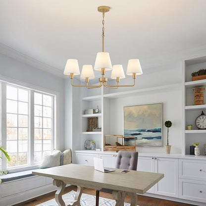 Gold Chandeliers for Dining Room 30” Bedroom Light Fixture with White Fabric Shade 5-Light Modern Farmhouse Chandelier Adjustable Pendant Lighting Fixtures for Kitchen Island,Living Room,Entryway