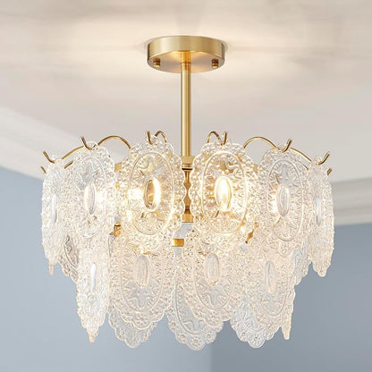 AGV LIGHTING Elegant Glass Chandelier Ceiling Light Fixture, Large Semi Flush Mount Ceiling Light, Modern Vintage Lighting for Bedroom, Living Room, D18 x H10, 2- Tier Shade & Brass Gold Finish