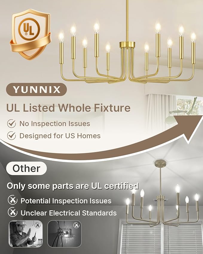 Yunnix 10 Light Gold Chandelier, 33" Extra Large Modern Gold Farmhouse Hanging Fixture - Vintage Brushed Gold Dining Room Light for Kitchen Island, Living Room, Hall, Foyer