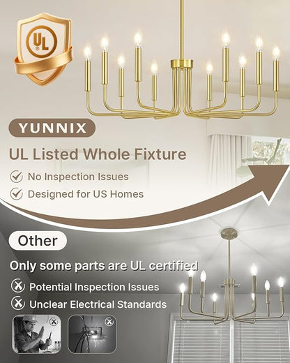 Yunnix 10 Light Gold Chandelier, 33" Extra Large Modern Gold Farmhouse Hanging Fixture - Vintage Brushed Gold Dining Room Light for Kitchen Island, Living Room, Hall, Foyer