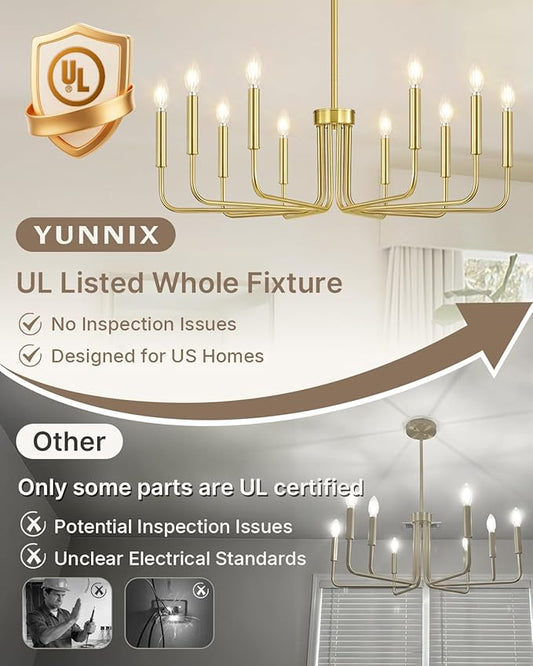 Yunnix 10 Light Gold Chandelier, 33" Extra Large Modern Gold Farmhouse Hanging Fixture - Vintage Brushed Gold Dining Room Light for Kitchen Island, Living Room, Hall, Foyer