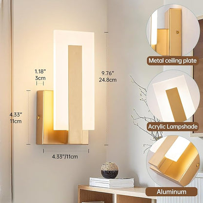 Modern LED Wall Sconces, Acrylic Gold Wall Lamp, 3000K Warm White Indoor Wall Light, Hardwired Wall Mount Lighting Fixture for Hallway, Bedroom, Study, Living Room