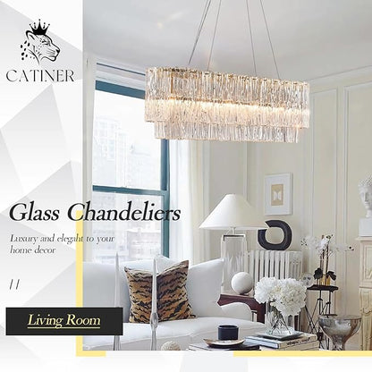 CATINER Gold Rectangle Chandeliers for Dining Room Modern Island Light Crystal Glass 6-Light Chandelier Rectangular Linear Pendant Hanging Ceiling Light Fixture for Kitchen L35.5”