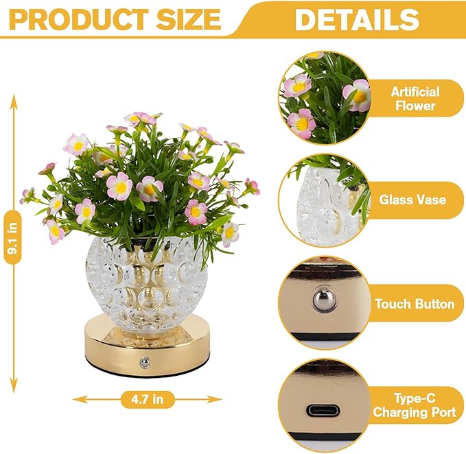 Flower Table Lamp, 3 Colors Touch Dimming Daisy Night Light, Rechargeable Artificial Flower Light, LED Flower with Vase Lamp Romantic Decor for Date Party Home (Pink-Heronsbill)