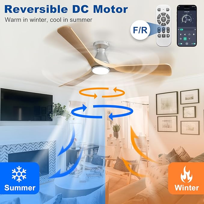 DLLT 52-Inch Ceiling Fans with Lights: Flush Mount Ceiling Fan 3 Blades for Indoor Outdoor - Dimmable Ceiling Fan with Remote APP Control Quiet DC Motor for Low Profile Bedroom