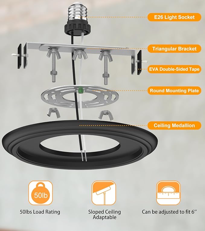 Recessed to Pendant Light Converter Kit - 6 Inch Can Light Conversion, Includes E26 Socket, Mounting Bracket, Round Ceiling Plate & 3D Black Cover