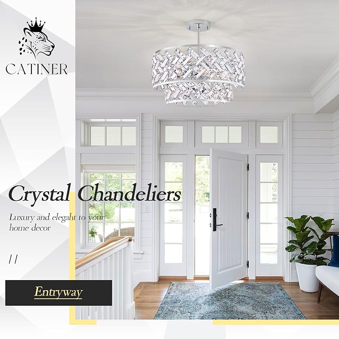 20'' Modern 6-Light Chrome Crystal Pendant Chandelier, Luxury Round Semi Flush Mount Ceiling Light for Living Room, Dining Room, Kitchen, Foyer, Bedroom