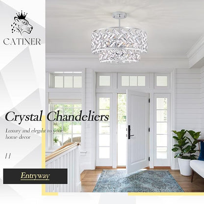 20'' Modern 6-Light Chrome Crystal Pendant Chandelier, Luxury Round Semi Flush Mount Ceiling Light for Living Room, Dining Room, Kitchen, Foyer, Bedroom