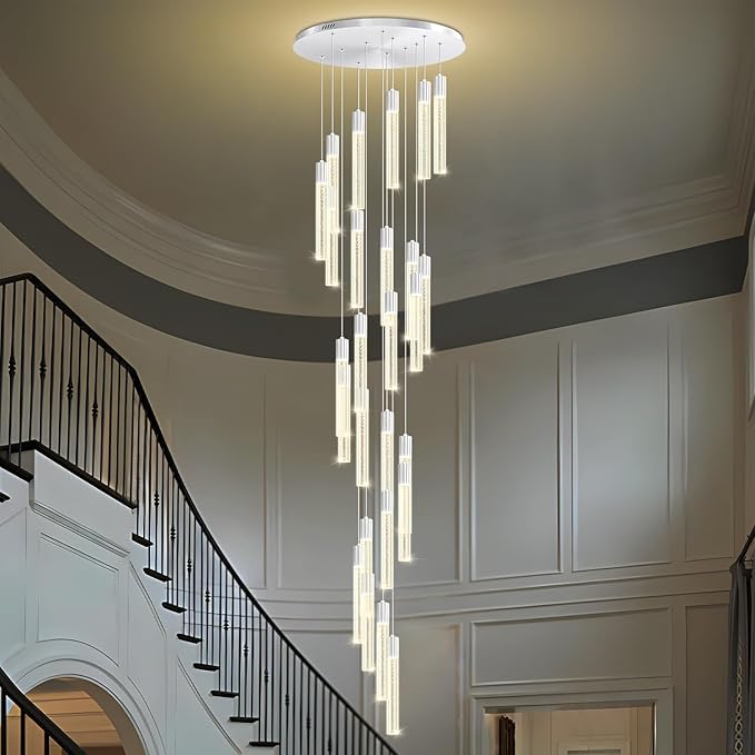 12FT High Ceiling LED Crystal Chandelier 26-Lights Modern Dimmable Pendant Lighting for Entryway Living Room Dining Room Staircase Foyer Long Hanging Polished Chrome Glam