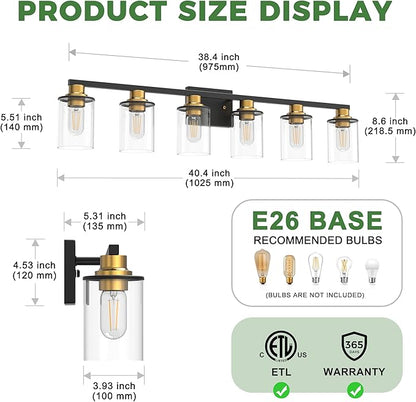 DORESshop Bathroom Light Fixtures, 6-Light Gold and Black Bathroom Lighting Fixtures Over Mirror with Clear Glass Shade, Vanity Lights for Hallway Living Room Bedroom