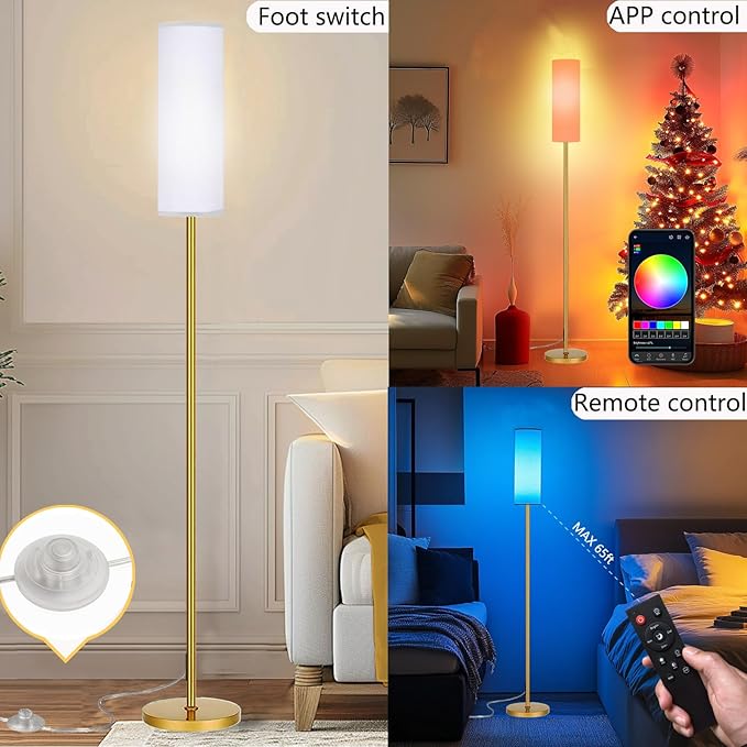 Qaubauyt Smart LED Floor Lamp with APP Control & RGB Colors - Dimmable Standing Lamp for Living Room, Bedroom, Gaming - Remote, Timer, 9W Bulb Included, 67" Modern Tall Lamp (Gold)