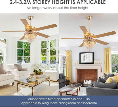 Asyko 62" Golden Crystal Ceiling Fan Fandelier with Lights - Modern Chandelier Fans with Remote Control，Noiseless DC Motor, Retro/Farmhouse Lighting, Dining Room,Living Room