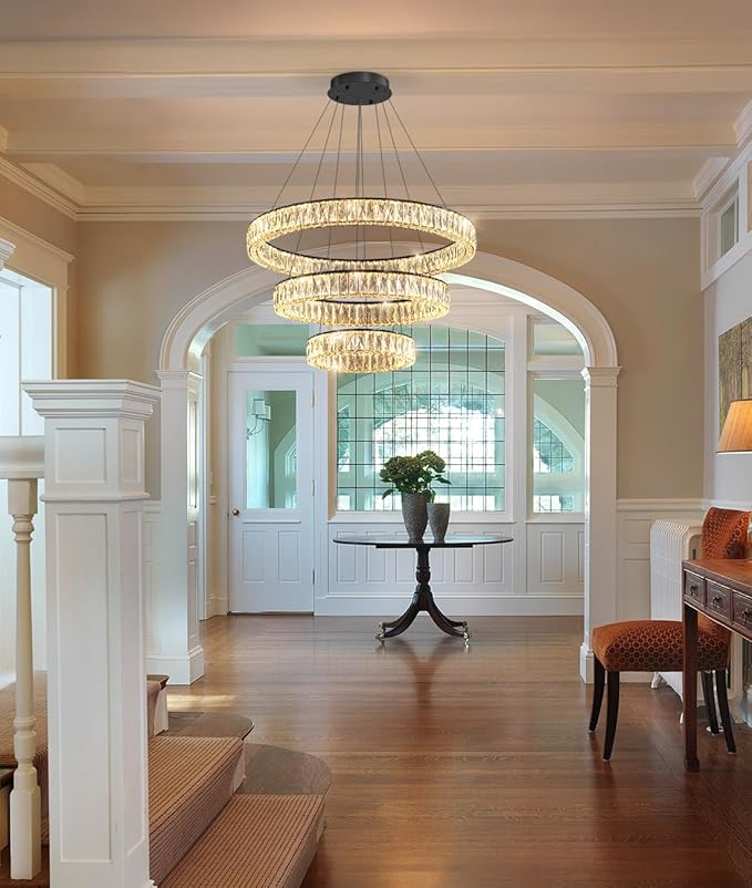 HAIXIANG Modern Glam Chandelier Crystal LED Remote Rings Chandelier Adjustable Hanging Ceilings Pendant Lights Fixture Black 8"+16"+24" Rings Lighting