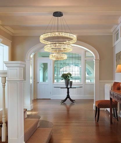 HAIXIANG Modern Glam Chandelier Crystal LED Remote Rings Chandelier Adjustable Hanging Ceilings Pendant Lights Fixture Black 8"+16"+24" Rings Lighting