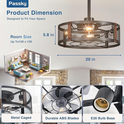Passky 20 Inch Farmhouse Caged Ceiling Fans with Lights and Remote, Black Downrod Mount Bladeless Fandelier, 6 Speeds Bladeless Ceiling Fan Light for Bedroom, Kitchen, Living Room, Indoor