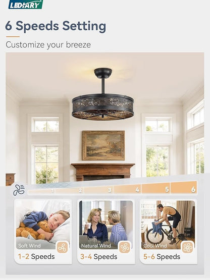 LEDIARY Farmhouse Chandelier Ceiling Fan with Light,20 Inch Black Caged Enclosed Bladeless Fan Lights Ceiling Fixtures,Vintage Victorian Rustic Fandelier for Indoor,Kitchen,Bedroom,Living Room