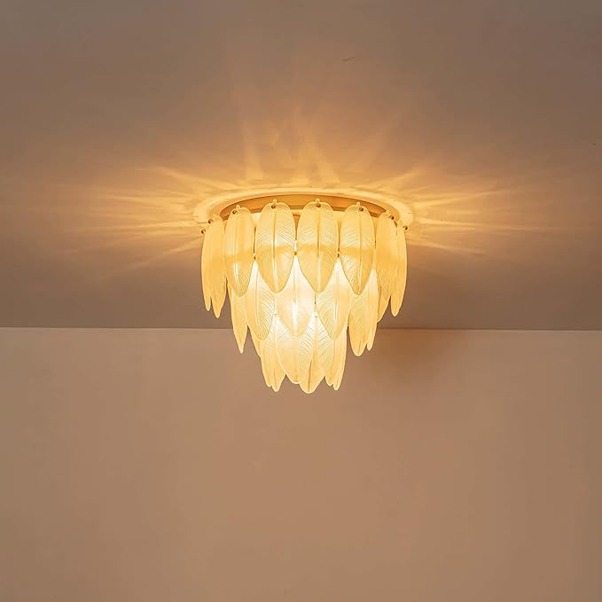 LumFurn D16 inch Modern Glass Chandeliers, 7-Light Elegant Flushmount Ceiling Light Fixture for Dining Room, Living Room & Bedroom, D16 x H14inch, Frosted Feather Glass Shade & Gold Finish Frame