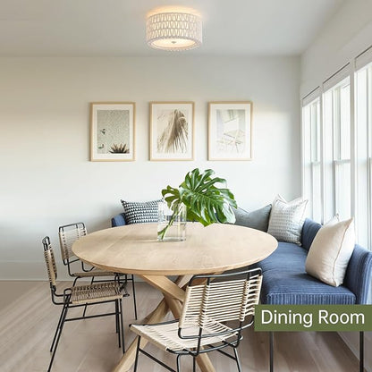Boho Rattan Ceiling Light Fixtures 2-Light White Flush Mount Ceiling Light, 12.6" Coastal Light Fixture Close to Ceiling Light for Bedroom Nursery Foyer Hallway Entryway Kids Room