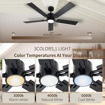 Ceiling Fan with Light for Bedroom: 52 Inch Modern Ceiling Fans with Dimmable Tri-Color Temperature LED - Quiet Reversible DC Motor - Indoor Outdoor Paito Sloped Roof Use (Matte Black)