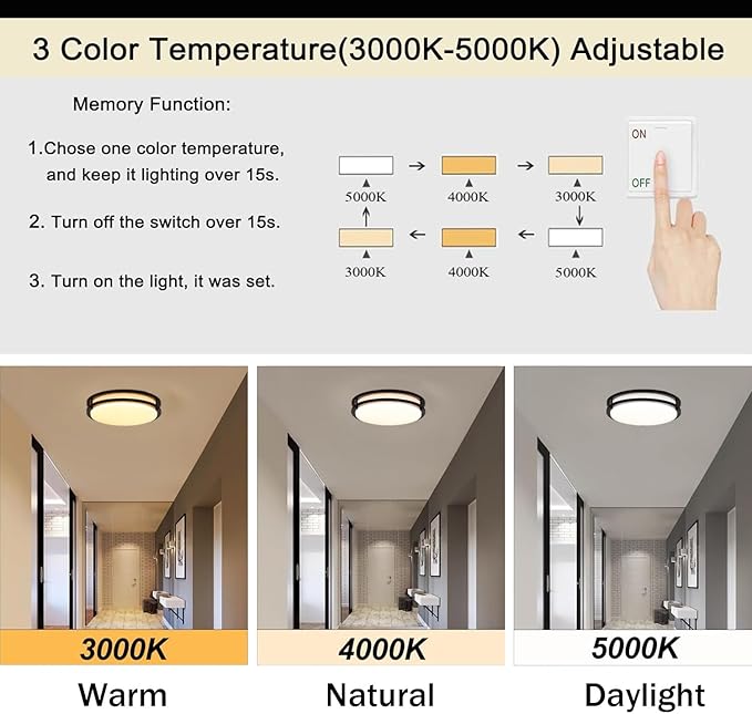 13 Inch Black Flush Mount Ceiling Light 2 Pack, 3CCT LED via Wall Switch Control, Dimmable 20W Modern Ceiling Lamp for Bathroom Bedroom Hallway Living Room