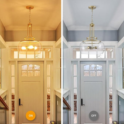 WUZUPS Chandelier Rustic Farmhouse Industrial Round Ceiling Pendant LED Light Fixture Clear Seeded Glass Shade for Dining Room Kitchen Island Foyer Entryway, H 20.9" x W 15.9", Gold