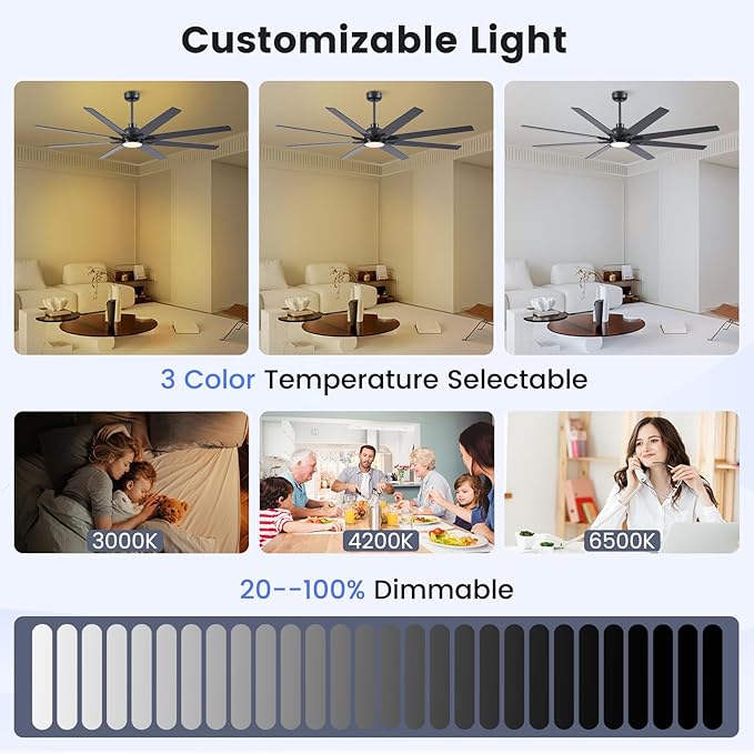 Newday 62 inch Large Ceiling Fans with Lights and Remote, Indoor/Outdoor Black Ceiling Fan for Living Room Patio, 6 Speeds Slient Reversible DC Motor, 3CCT, Timer, 2 Downrods, 8 Blades