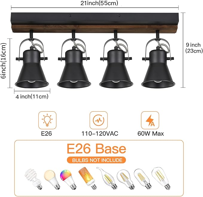 4-Light Kitchen Light Fixtures - Adjustable Ceiling/Wall Mount Spotlight, Industrial Black Track Lighting for Living Room, Dining Room, Hallway, Bathroom