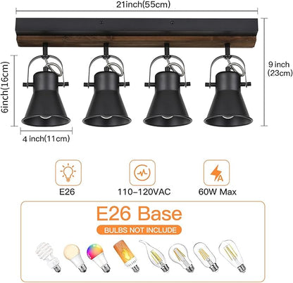 4-Light Kitchen Light Fixtures - Adjustable Ceiling/Wall Mount Spotlight, Industrial Black Track Lighting for Living Room, Dining Room, Hallway, Bathroom