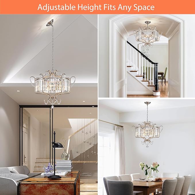 Modern Crystal Chandelier for Dining Room 24" Brushed Nickel Light Fixtures 6-Light Farmhouse Pendant Lighting for Kitchen Island Bedroom Hallway Entryway