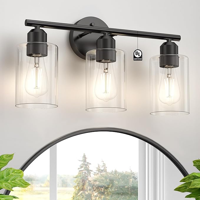 Bathroom Vanity Light Fixtures Matte Black Bathroom Lighting Fixture, 3 Lights Bathroom Light Fixture Over Mirror, Modern Black Vanity Light, UL Certified Wall Sconces with Glass Shades