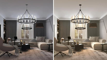 48 Inch Black Wagon Wheel Chandelier 2 Tier with Glass Shade, 24 Lights, Modern Farmhouse Style, Ideal for Dining Room, Kitchen, Entryways