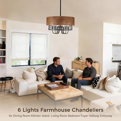 Farmhouse Drum Chandelier for Dining Room, 18" Rustic Black Chandelier with Wood Grain Finish, 6-Light Round Drum Hanging Chandelier Light Fixture for Entryway, Foyer, Living Room, Kitchen, Bedroom