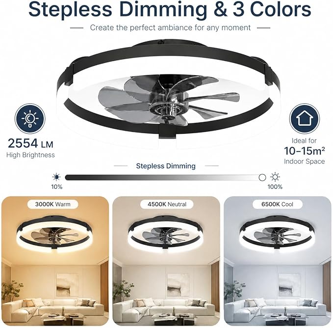 19" Low Profile Ceiling Fan with Lights and Remote, Modern Black Flush Mount Bladeless Ceiling Fan, App Control Smart Fandelier, 6 Speeds Reversible Motor, Dimmable LED Fan Light for Bedroom, Kitchen