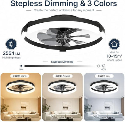 19" Low Profile Ceiling Fan with Lights and Remote, Modern Black Flush Mount Bladeless Ceiling Fan, App Control Smart Fandelier, 6 Speeds Reversible Motor, Dimmable LED Fan Light for Bedroom, Kitchen