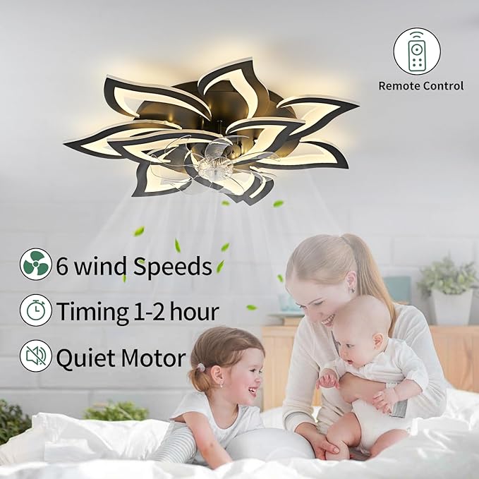 Yfrest Modern Ceiling Fan with Light and Remote, Low Profile Ceiling Fans with Lights, 32 Inch Flush Mount Ceiling Fan with 3 Light Color 6 Speeds, Fandelier Ceiling Fan for Living Room, Dining Room