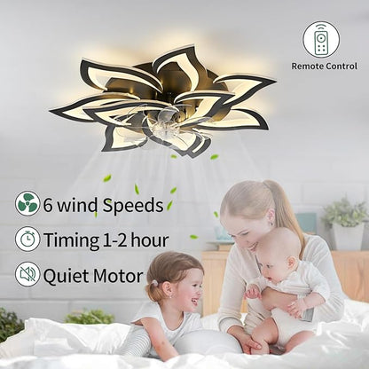 Yfrest Modern Ceiling Fan with Light and Remote, Low Profile Ceiling Fans with Lights, 32 Inch Flush Mount Ceiling Fan with 3 Light Color 6 Speeds, Fandelier Ceiling Fan for Living Room, Dining Room