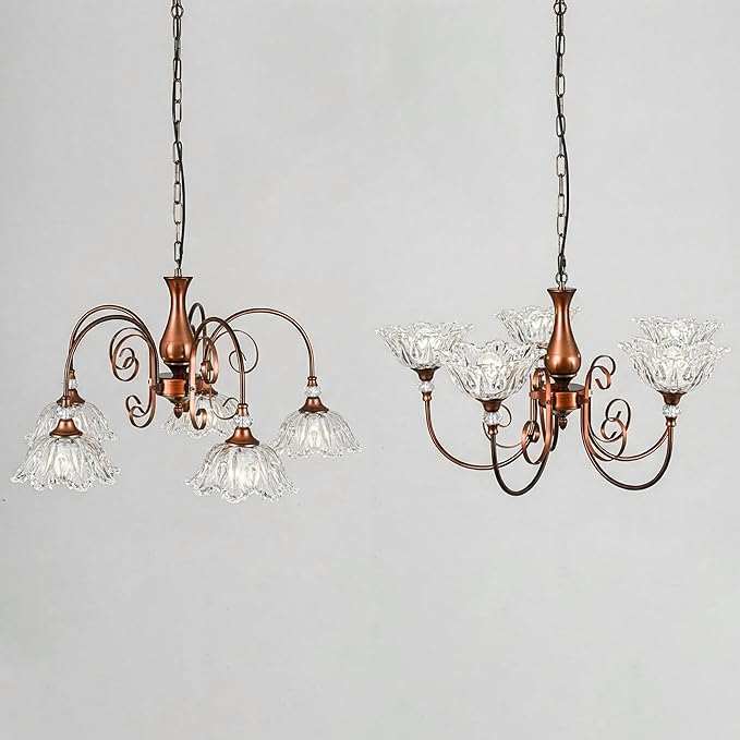 5-Light Vintage Chandeliers in Antique Red Bronze Finish with Crystal Glass Shades, Retro Chandelier Light for Dining Room, Hallway, Kitchen