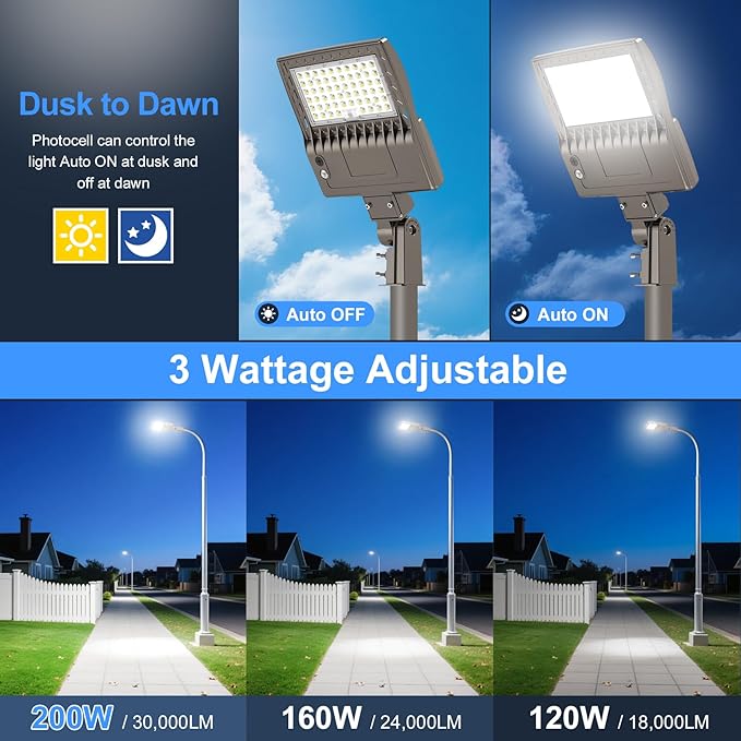 200W LED Parking Lot Light Power Adjustable, Dusk to Dawn LED Shoebox Flood Pole Light Outdoor Parking Lighting with Slip Fit 30,000LM 5000K IP65 Waterproof 100-277V UL Listed