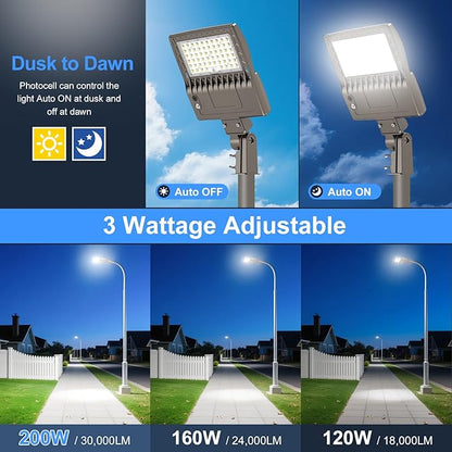 200W LED Parking Lot Light Power Adjustable, Dusk to Dawn LED Shoebox Flood Pole Light Outdoor Parking Lighting with Slip Fit 30,000LM 5000K IP65 Waterproof 100-277V UL Listed