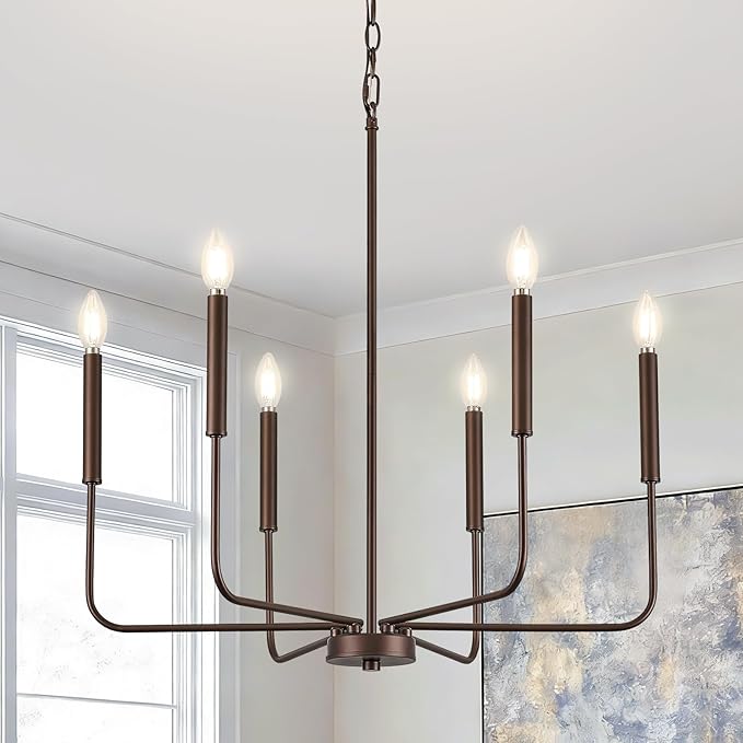 Modern Oil-Rubbed Bronze Chandelier for Dining Room, Metal 6-Light Kitchen Light Fixtures, Farmhouse Candle Hanging Pendant Light for Living Room Entryway Foyer Bedroom (Bulbs Not Included)
