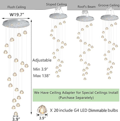 HAIXIANG 20-Lights Modern Chandeliers for Living Room Long Light High Ceiling Pendant Lights LED Dimmable Lighting Fixtures Chandelier for Foyer Entryway Polished Chrome Sloped Ceiling Install
