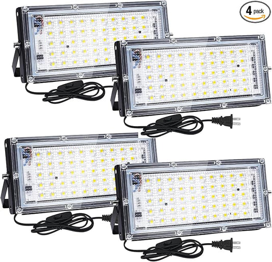 50W Flood Light Outdoor, 4 Pack 5000 Lumens LED Flood Light, 6500K Super Bright Plug in Outdoor Lights, IP66 Waterproof Work Light Exterior Security Lights for Garden, Yard, Garage, Playground