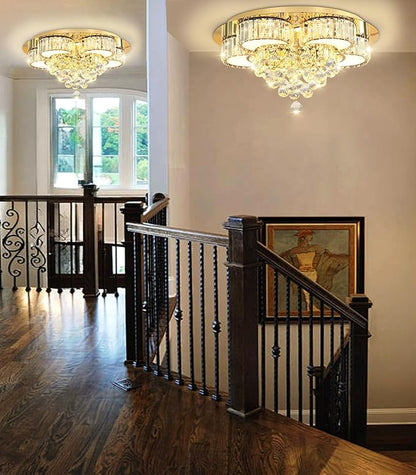 23.6" Gold Modern Crystal Chandeliers for Dining Room LED Dimmable Light Fixtures Flush Mount Light Living Room Bedrooms