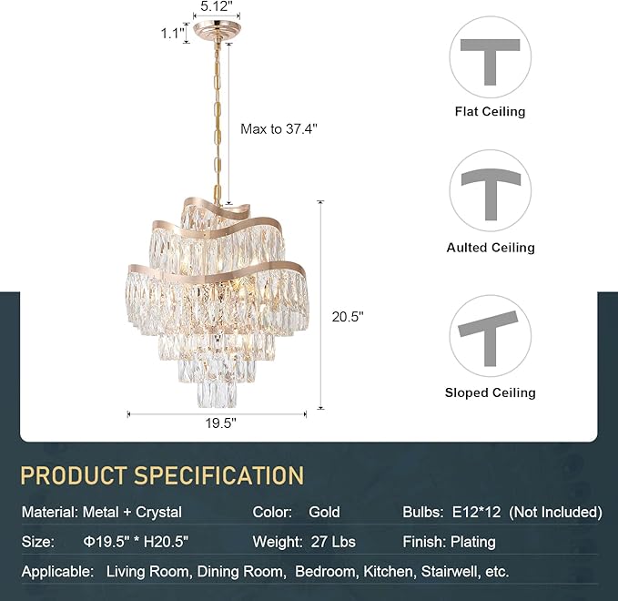 12 Lights 7-Tier K9 Crystal Gold Chandelier 20" Modern Pendant Chandelier Lighting Crystal Light Fixtures for Living Room Dining Room Bedroom Kitchen Foyer Entryway, E12