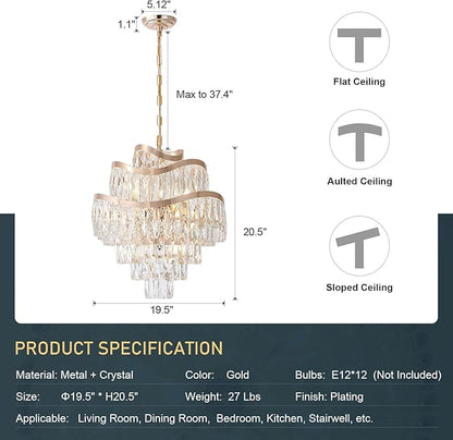 12 Lights 7-Tier K9 Crystal Gold Chandelier 20" Modern Pendant Chandelier Lighting Crystal Light Fixtures for Living Room Dining Room Bedroom Kitchen Foyer Entryway, E12