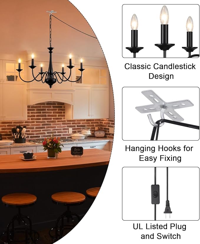 Plug in Chandelier Lighting with Cord 15ft & On/Off Switch, Hanging Lights with Plug in Cord, 6 Light Black Farmhouse Chandelier for Dinging Room Living Room Kitchen Island Bedroom