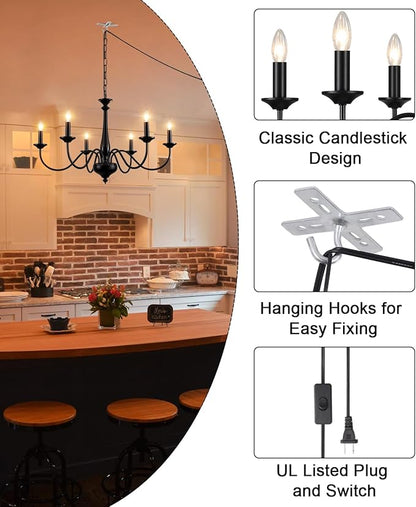 Plug in Chandelier Lighting with Cord 15ft & On/Off Switch, Hanging Lights with Plug in Cord, 6 Light Black Farmhouse Chandelier for Dinging Room Living Room Kitchen Island Bedroom